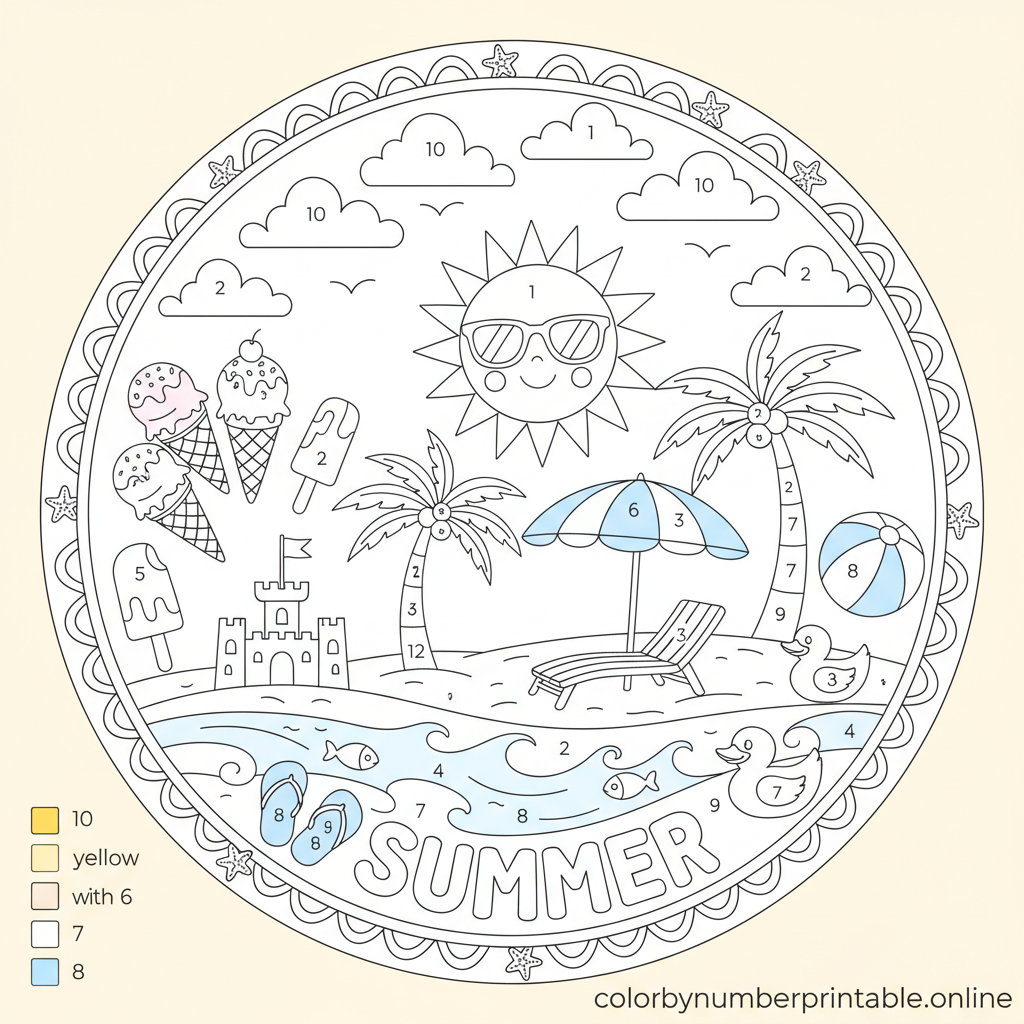 Summer color by number printable with beach scene and ice cream, cool blue-yellow hues, and fun, sunny design elements